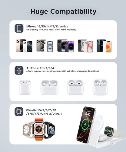 3 in 1 Magnetic Wireless for iPhone Charging Station: Foldable Portable Charger for iPhone 17-12 Pro Max & Apple Watch & AirPods, for Apple Multiple Devices Charger for Home,Office&Travel