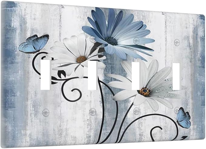 Decorative Light Switch Cover Plate Rustic Blue White Daisy Ink Flower 4 Gang Wall Plates for Electrical Outlets Quad Toggle Switch Plate Covers Outlet Covers Faceplate for Bedroom Home Decor
