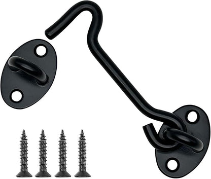 4 Pack 4" Hook and Eye Gate Latch, Stainless Steel Rust-Resistant Barn Door Lock Cabin Hooks for Gate Shutters Window Slide Barn Shed Cabinet Bathroom, with 16pcs Screw,Black