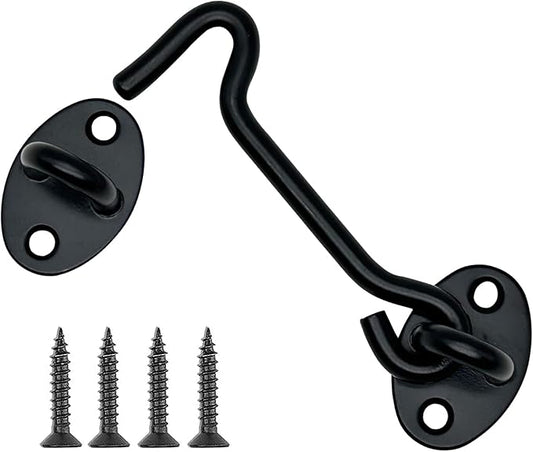 4 Pack 4" Hook and Eye Gate Latch, Stainless Steel Rust-Resistant Barn Door Lock Cabin Hooks for Gate Shutters Window Slide Barn Shed Cabinet Bathroom, with 16pcs Screw,Black
