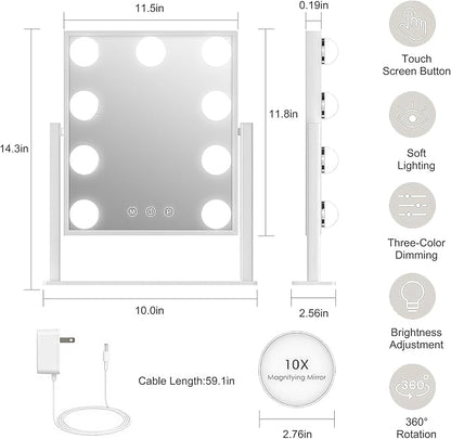 Lighted Vanity Mirror with 9 LED Lights, Detachable 10x Magnifying Mirror, 3-Color dimmable Hollywood Makeup Mirror, Smart Touch Control, Metal Frame, 360-degree Rotation, White/Black (White)