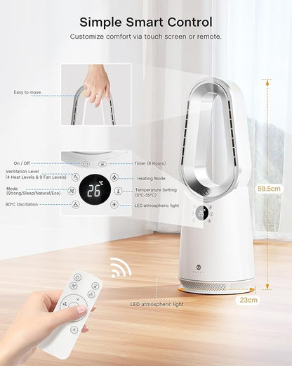 ULTTY Space Heater, Portable Electric Heaters and Cooler Fan Combo with Remote, 80°Oscillation, 9 Speeds, 3 Modes, 8 Timer, 6 Colors LED Light, Fast Safety Heat and Quiet for Office Bedroom Home