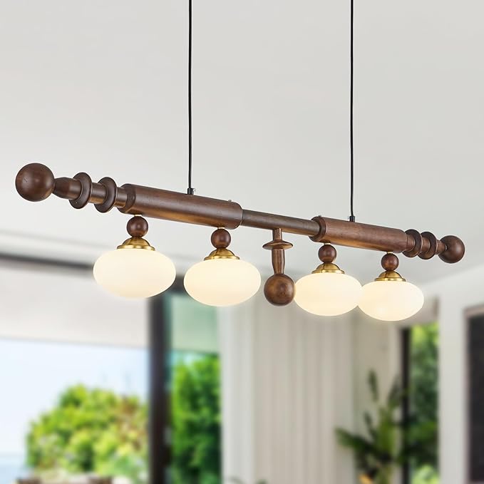 Wood and Globe Linear Chandelier Wooden Farmhouse Dining Room Light Fixture Rustic 4-Light Linear Kitchen Island Lighting Mid Century Modern Globe Hanging Pendant Light with Milk Glass Lampshade