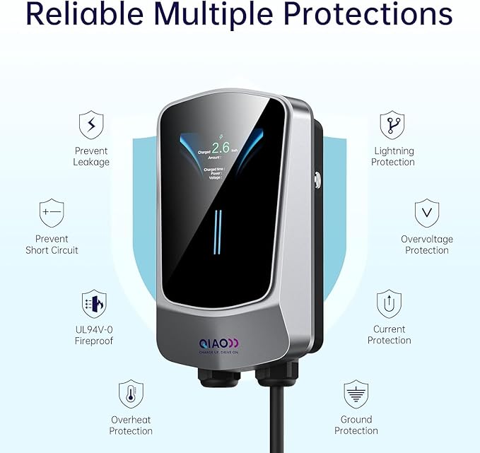 QIAO Level 2 EV Charger, Up to 40A Electric Car Charger, Wi-Fi Bluetooth APP Enabled EVSE, 4.3in Display, 25ft Cable, NEMA 14-50 Plug Charge Station Compatible with All SAE J1772 EV Models White