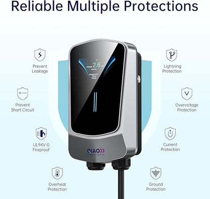 QIAO Level 2 EV Charger, Up to 40A Electric Car Charger, Wi-Fi Bluetooth APP Enabled EVSE, 4.3in Display, 25ft Cable, NEMA 14-50 Plug Charge Station Compatible with All SAE J1772 EV Models White
