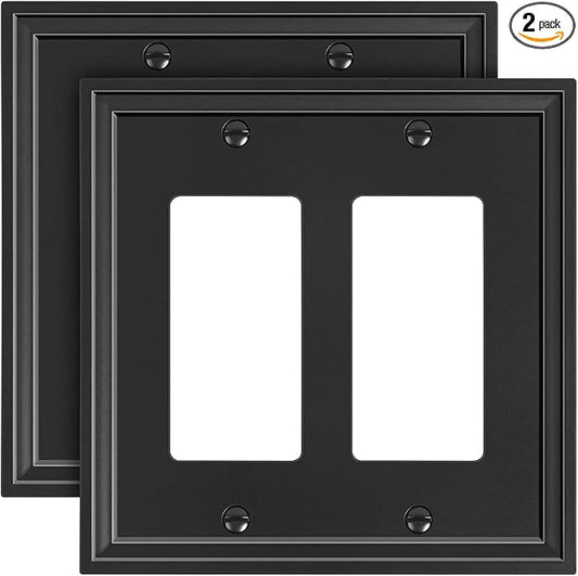 2-Pack Double Decorator Outlet Cover Plate, Black Decorative Switch Plates and Outlet Covers, Natural Bamboo Fiber Wall Plates for Electrical Outlets, Receptacle, GFCI Outlet, Dimmer Switch