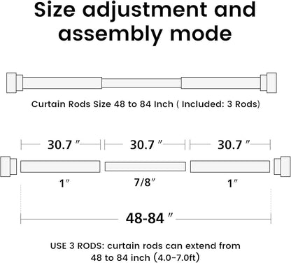 Time Forest Heavy Duty Curtain Rods for Windows 48 to 84 Inch, Silver Curtain Rods Telescoping Design Adjustable Length Easy Assemble Install with Only 3 Rods for Bedroom Living Room
