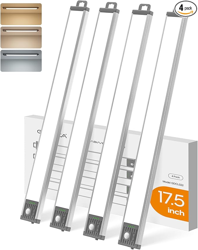 17.5Inch Under Cabinet Lighting, 4500mAh Rechargeable Battery Motion Sensor Light Indoor, Wireless Under Cabinet Lights for Kitchen, Closet(4 Pack)