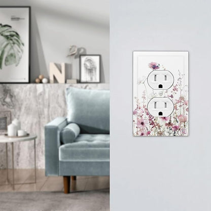 Floral Pink Watercolor Wildflowers Plant Flower Outlet Covers 1 Gang Duplex Light Switch Cover Decorative Switch Plates Electrical Receptacle Faceplate Wall Plate for Bedroom Living Room Decor