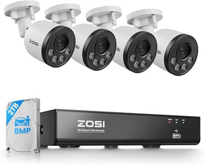 ZOSI 4K PoE NVR Security Camera System,4pcs 8MP Weatherproof Wired PoE Cameras,Smart Person Vehicle Detection,One-Way Audio,People Counting,H.265+ 4K/8MP 8CH NVR with 2TB HDD for Home 24/7 Recording
