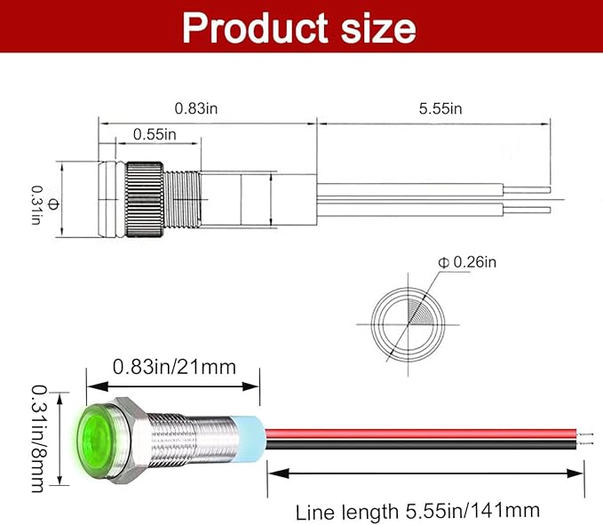 10pcs 6mm 1/4" AC/DC 12-24V LED Metal Indicator Light Pilot Dash Directional with Wire Waterproof Signal Lamp(Green)