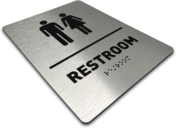 Unisex Bathroom Sign by GDS - ADA Compliant, Wheelchair Accessible, Raised Icons, & Grade 2 Braille - Includes Adhesive Strips for Easy Installation - Bathroom Signs for Business, Restroom Sign, Restroom Signs for Business - 6" W x 8" H (Brushed Alumin...