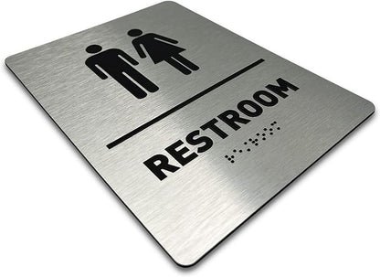 Unisex Bathroom Sign by GDS - ADA Compliant, Wheelchair Accessible, Raised Icons, & Grade 2 Braille - Includes Adhesive Strips for Easy Installation - Bathroom Signs for Business, Restroom Sign, Restroom Signs for Business - 6" W x 8" H (Brushed Alumin...