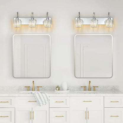 Modern Bathroom Vanity Light, 3-Light Chrome Wall Sconce with Crystal Accents, Over Mirror Bathroom Lighting Fixture, 23.62" Long Dimmable Vanity Lamp for Makeup, Easy Installation