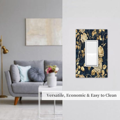 Decorative Outlet Covers Boho Vintage Floral Golden Flower Dark Blue Background 1 Gang Single Rocker Light Switch Cover Plate Wall Plates GFCI Faceplate for Bedroom living Room Decor