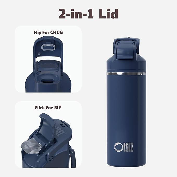 OISIZ Insulated Water Bottle 20 oz with 2 in 1 Spout and Straw Lid,One Click Safety Lock,100% Leakproof,Keep Cold 24H,Vacuum Stainless Steel Water Bottle for School,Travel and Sports,Dishwasher Safe
