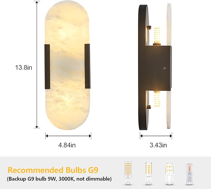 Alabaster Wall Sconce, Modern Natural Marble Wall Sconces for Indoor Lighting, 13.8 in Black Wall Lights for Bathroom Dining Room Stairs Bedroom (1-Pack)