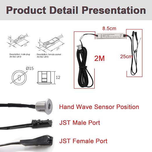 VST Motion Sensor Light Switch, IR Handwave Activated Dimmable Light Switch for Closet Light LED Strip Light Under Cabinet Lighting with 12V JST Male and Female Connector (DC 12/24V 3A)