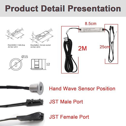 VST Motion Sensor Light Switch, IR Handwave Activated Dimmable Light Switch for Closet Light LED Strip Light Under Cabinet Lighting with 12V JST Male and Female Connector (DC 12/24V 3A)