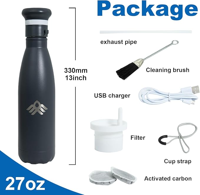 27 oz Smart Self Cleaning Water Large Bottle Slate 304 Stainless Steel Insulated Light Purifying Bottle LED + Activated-Carbon Filter USB-C Rechargeable BPA-Free for Outdoor & Sports