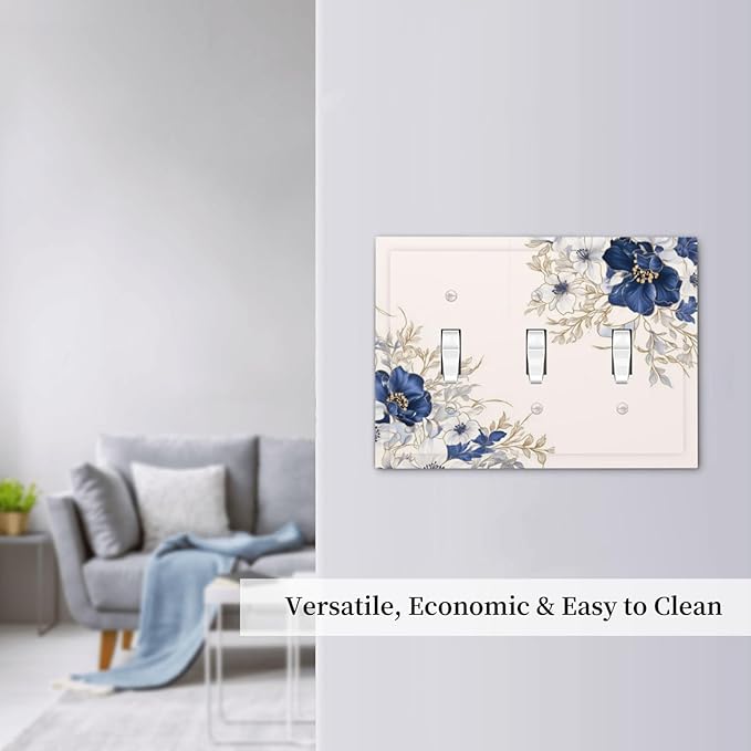 Decorative Light Switch Cover Plate Rustic Blue White Flowers Floral Penoy 3 Gang Wall Plate Oversized Triple Toggle Switch Cover Plate Jumbo Face Plate for Bedroom Decor