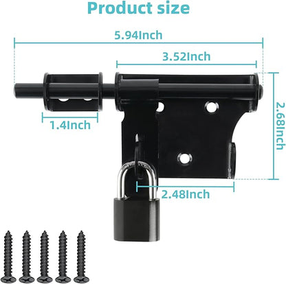 Alise 6 Inch Slide Bolt Gate Latch, Door Lock with Padlock Set, Heavy Duty Stainless Steel Barrel Bolts Safety Door Lock for Wooden Fence, Outdoor Fence,Shed Door Black