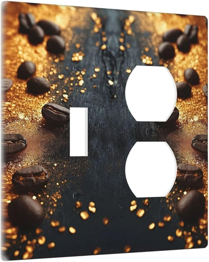 Decorative Outlet Covers Black Wood Board Gold Dust Coffee Beans 2 Gang Wall Plate Cover Single Toggle Duplex Combo Two Switch Light Switch Cover Plate Jumbo Face Plate