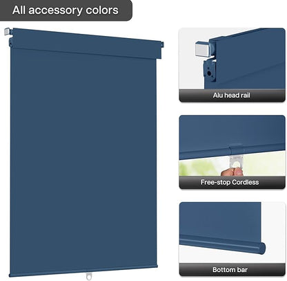 LazBlinds No Drill Blinds for Indoor Windows, Blackout Roller Shades, Cordless Window Blackout Blinds, Thermal Insulated Fabric UV Protection for Home and Office, 21.5" W x 48" H, Navy Blue