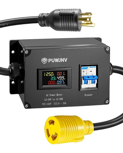 30A AC Power Meter, 125V L5-30P to L5-30R Outlet Energy Monitor, LCD Display Digital Multimeter Tester, Voltage Current Power Frequency Meter with Overload Protection