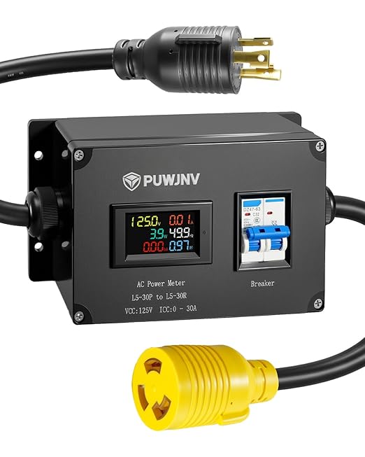 30A AC Power Meter, 125V L5-30P to L5-30R Outlet Energy Monitor, LCD Display Digital Multimeter Tester, Voltage Current Power Frequency Meter with Overload Protection