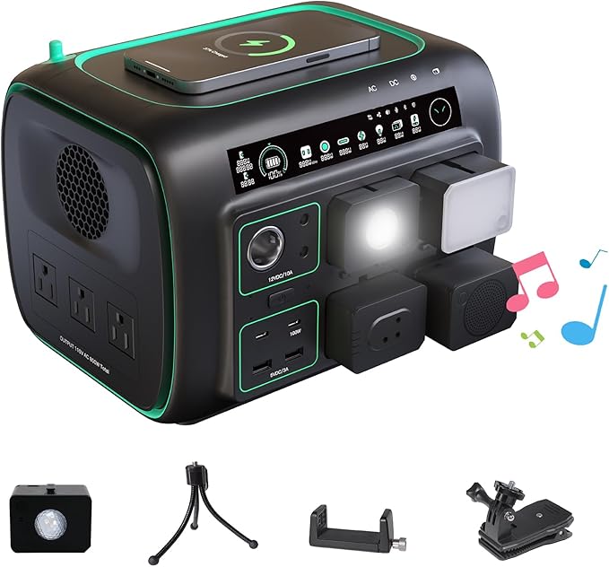 Portable Power Station, with Snap-on Light, Speaker & Charger, 800W Solar Generator, 512Wh Outdoor Power supply for Camping RV hiking, 100W USB-C Output, 3 AC Outlets