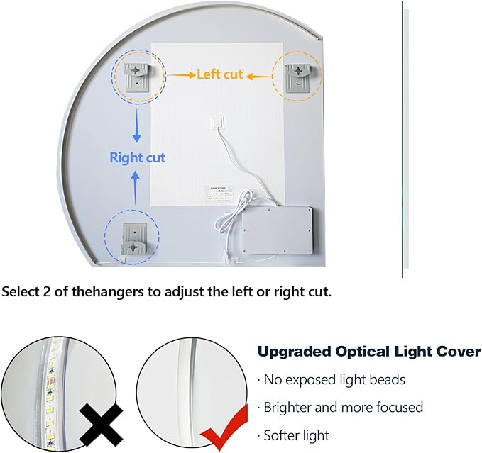 Niccy Half Moon LED Mirror for Bathroom, 48" Semi Backlit Mirror Frameless Makeup Mirror with Light, Anti-Fog, Shatter-Proof, 3 Colors, Smart Vanity Mirror