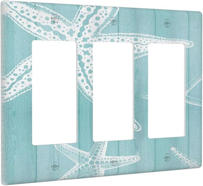 Decorative Outlet Covers Starfish Teal Wood Board Nautical 3 Gang Light Switch Cover Plate Triple Rocker Wall Plates for Electrical Outlets Switch Plate Covers for Bedroom Home Decor