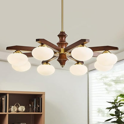 8-Light Chandelier, Mid Century Gold Chandelier with Milk Glass Shades, Wood Dining Room Light Fixture