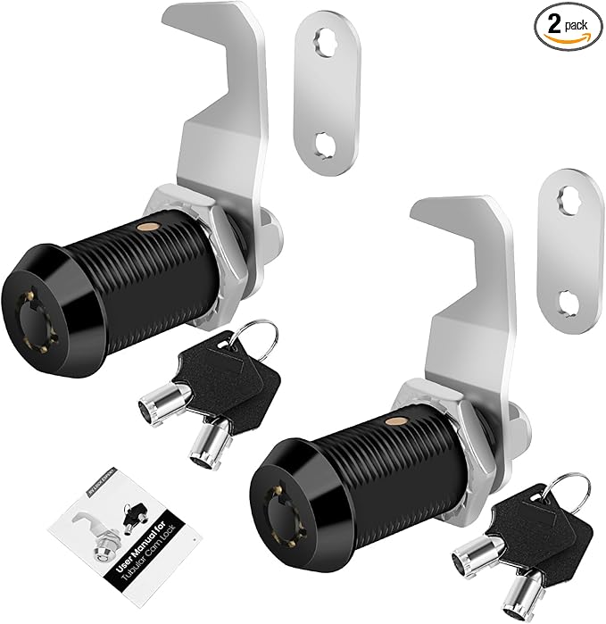 Black Toolbox Lock With Keys, Cabinet Locks Keyed Alike, Hook Cam, Tubular Cam Lock, Tool Box Lock With Manual (1-1/8 Inch 2 Pack-Black)