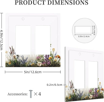 Decorative Outlet Covers White Background Colorful Flowers Plants Green Leaves 2 Gang Double Rocker Light Switch Cover Plate Electrical Switch Plate Cover Decorate GFCI Wall Plate for Bedroom Home