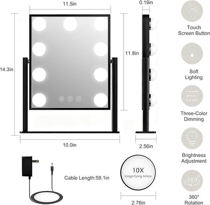 Lighted Vanity Mirror with 9 LED Lights, Detachable 10x Magnifying Mirror, 3-Color dimmable Hollywood Makeup Mirror, Smart Touch Control, Metal Frame, 360-degree Rotation, White/Black (Black)