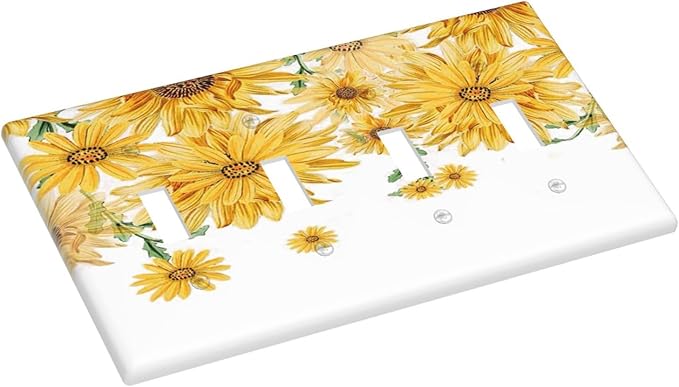 Sunflower Yellow Flowers Floral Light Switch Covers Quad Toggle Electrical Faceplate 4 Gang Wall Plate Decorative Switch Plates for Bed Room Living Room Decor