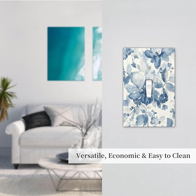 Decorative Light Switch Cover Blue Watercolor Floral 1 Gang Single Toggle Device Electrical Faceplate Switchplates Decorator Outlet Wall Plate for Bedroom Bathroom Decor