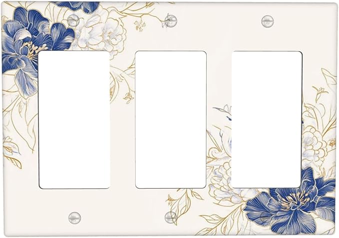 Decorative Outlet Covers Rustic Blue Flower Flaral Gold Leaf 3 Gang Light Switch Cover Plate Triple Rocker Wall Plates for Electrical Outlets Switch Plate Covers for Bedroom Home Decor