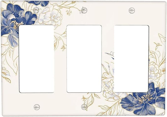 Decorative Outlet Covers Rustic Blue Flower Flaral Gold Leaf 3 Gang Light Switch Cover Plate Triple Rocker Wall Plates for Electrical Outlets Switch Plate Covers for Bedroom Home Decor