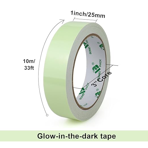 BOMEI PACK Glow in Dark Tape Fluorescent Luminous Tape 1 Pack 1in x 33ft-Bright,Rechargeable,Durable for Indoors and Outdoors Design of DIY Craft Pattern,Creative Decoration,Night time Decorations.
