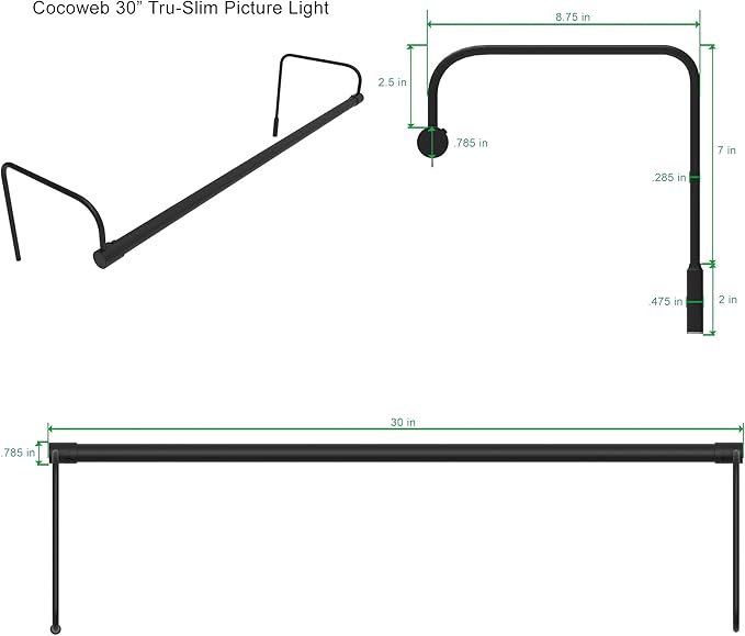 Cocoweb 30 Inch Tru-Slim Black Picture Light - LED, 2700K, Adjustable Arm, Plug-in, Toggle Switch, Sleek and Compact Design