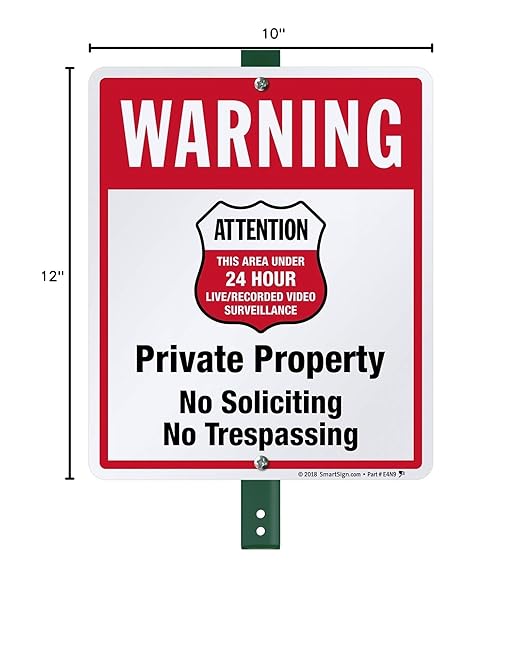 SmartSign 12" x 10" 'Warning - Private Property, No Soliciting/Trespassing, Area Under Surveillance' Yard Sign with 3 ft Stake, 40 mil Laminated Rustproof Aluminum, Red/Black/White, USA-Made