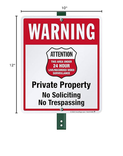 SmartSign 12" x 10" 'Warning - Private Property, No Soliciting/Trespassing, Area Under Surveillance' Yard Sign with 3 ft Stake, 40 mil Laminated Rustproof Aluminum, Red/Black/White, USA-Made