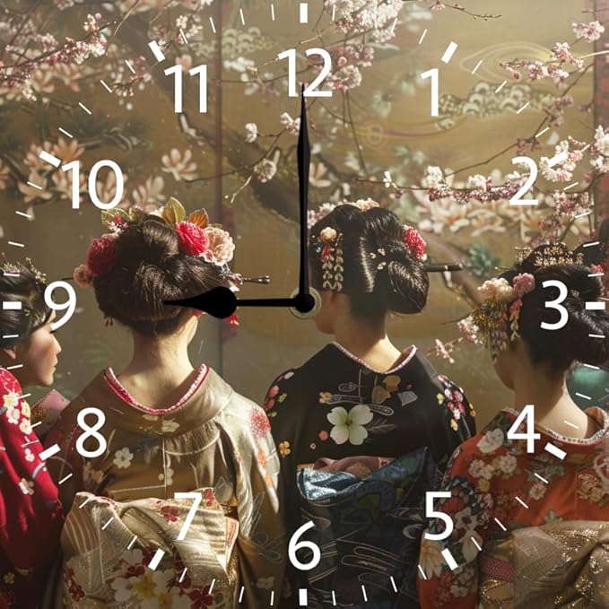 10 in Elegant Kimono Beauties -270 Wood Wall Clock – Digital Time Display, Smart Home Compatible for Bedside or Workspace