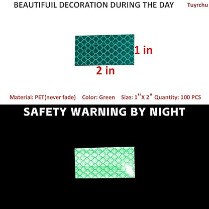 Non Fading Green Reflective Stickers 1 inch X 2 inch, Outdoor Waterproof High Visibility Warning Safety Adhesive Reflector Tape (100 Pcs)