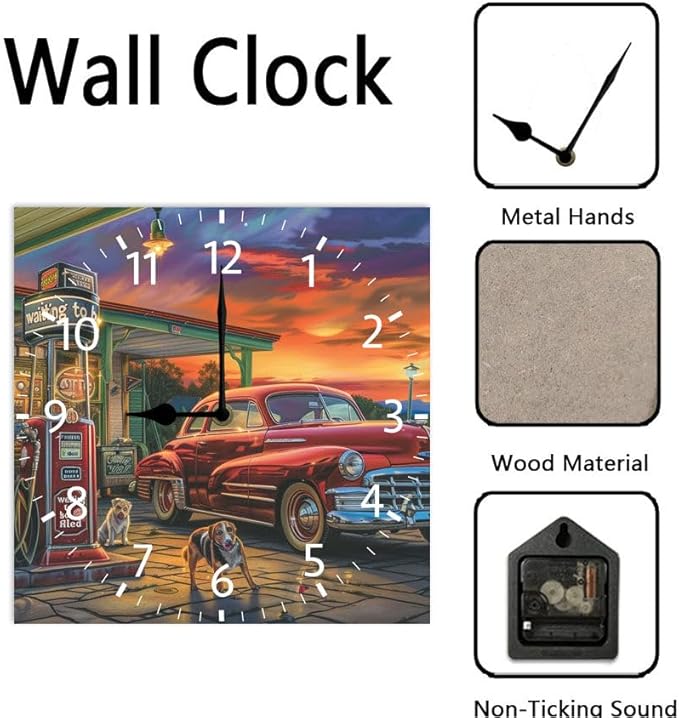 10 in Old Fashioned Gas Station Car -270 Wood Wall Clock – Digital Time Display, Smart Home Compatible for Bedside or Workspace