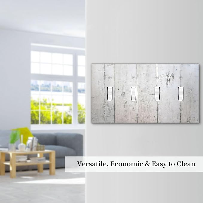 Rustic White Grey Wood Grain Light Switch Covers Quad Toggle 4 Gang Wall Plate Decorative Switch Plates Electrical Faceplate for Bedroom Bathroom Decor