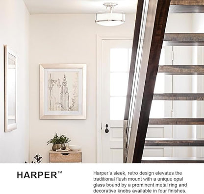 Hinkley Harper 3641BK Medium Semi-Flush Mount Ceiling Light - Sleek, Retro Style - Black + Etched Opal Glass